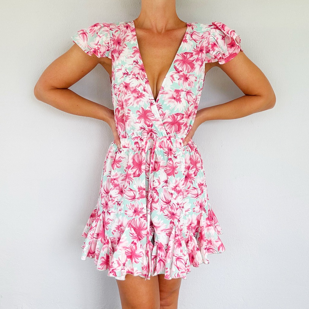 Luxxel Pink Mint Floral Print Deep V Surplice Ruffle Trim Romper Size Medium